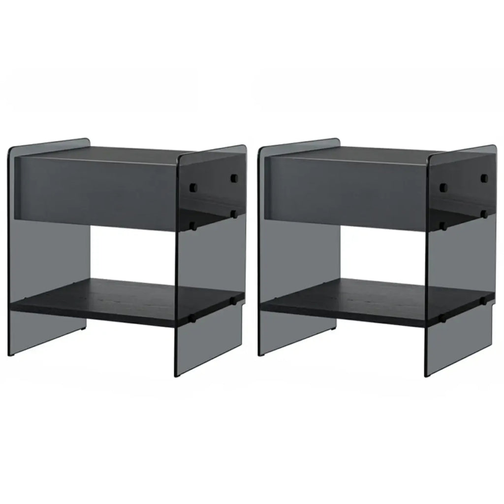 Black 2-Tier Glass Shelf Drawer Storage Narrow Nightstand