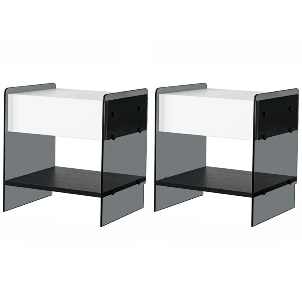 Black 2-Tier Glass Shelf Drawer Storage Narrow Nightstand