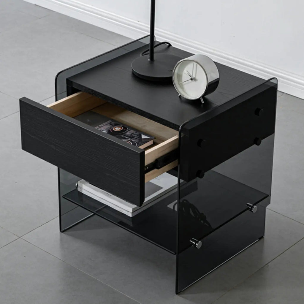 Black 2-Tier Glass Shelf Drawer Storage Narrow Nightstand