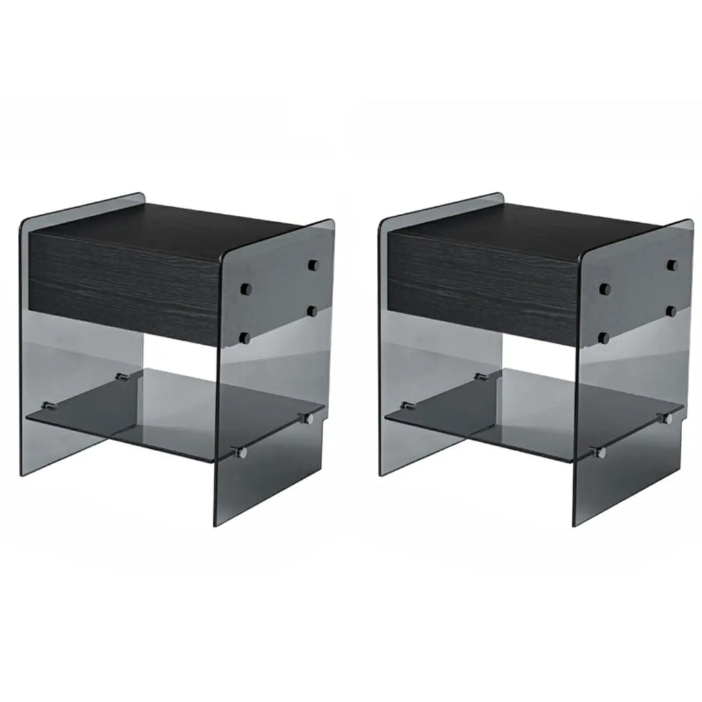 Black 2-Tier Glass Shelf Drawer Storage Narrow Nightstand