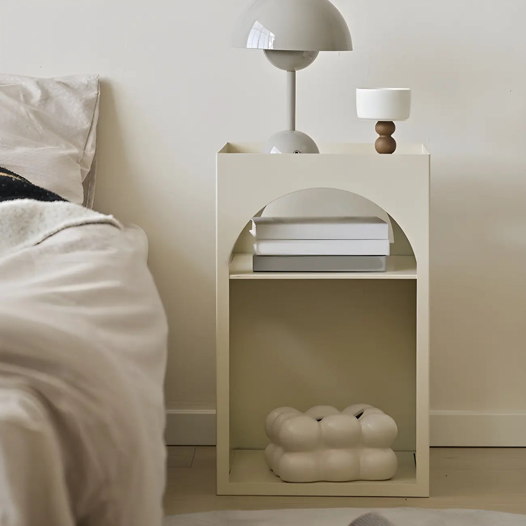 Narrow Cream Yellow Metal Arched Open Storage Nightstand