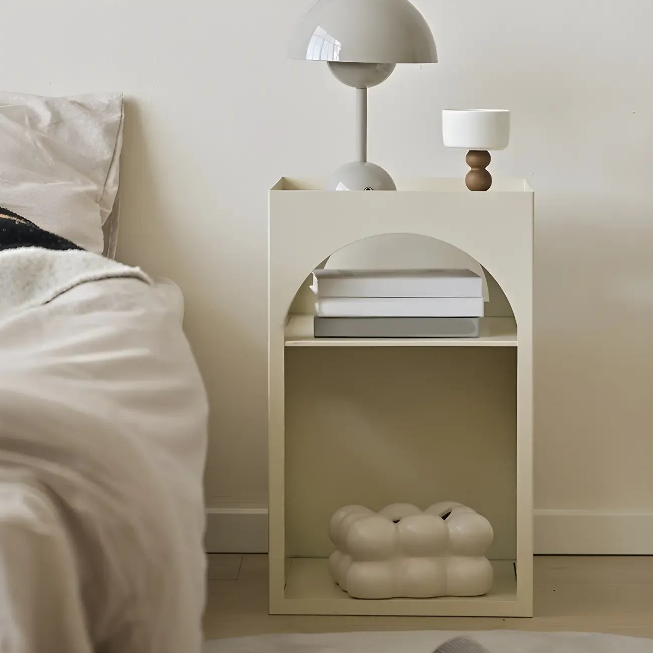 Narrow Cream Yellow Metal Arched Open Storage Nightstand