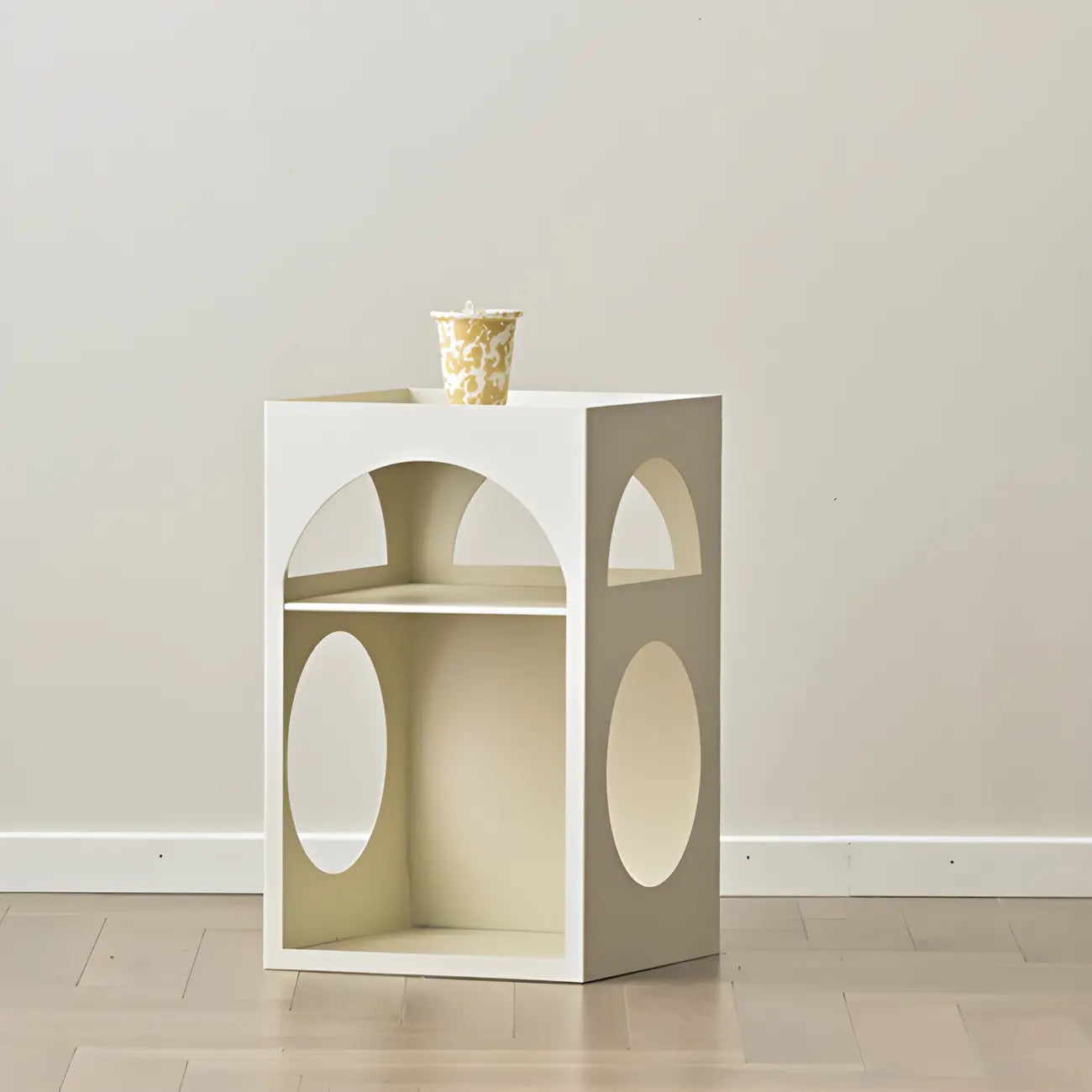 Narrow Cream Yellow Metal Arched Open Storage Nightstand