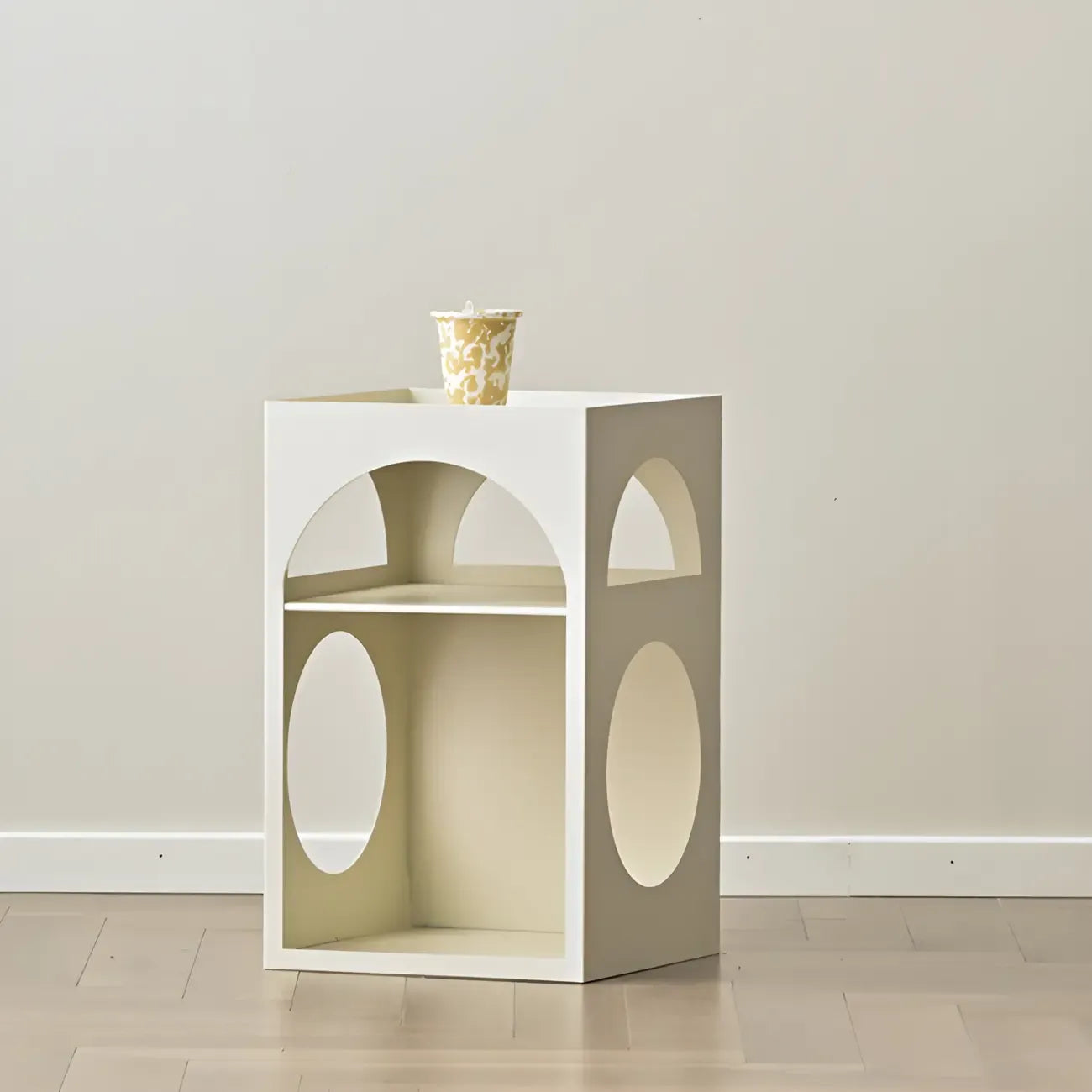 Narrow Cream Yellow Metal Arched Open Storage Nightstand