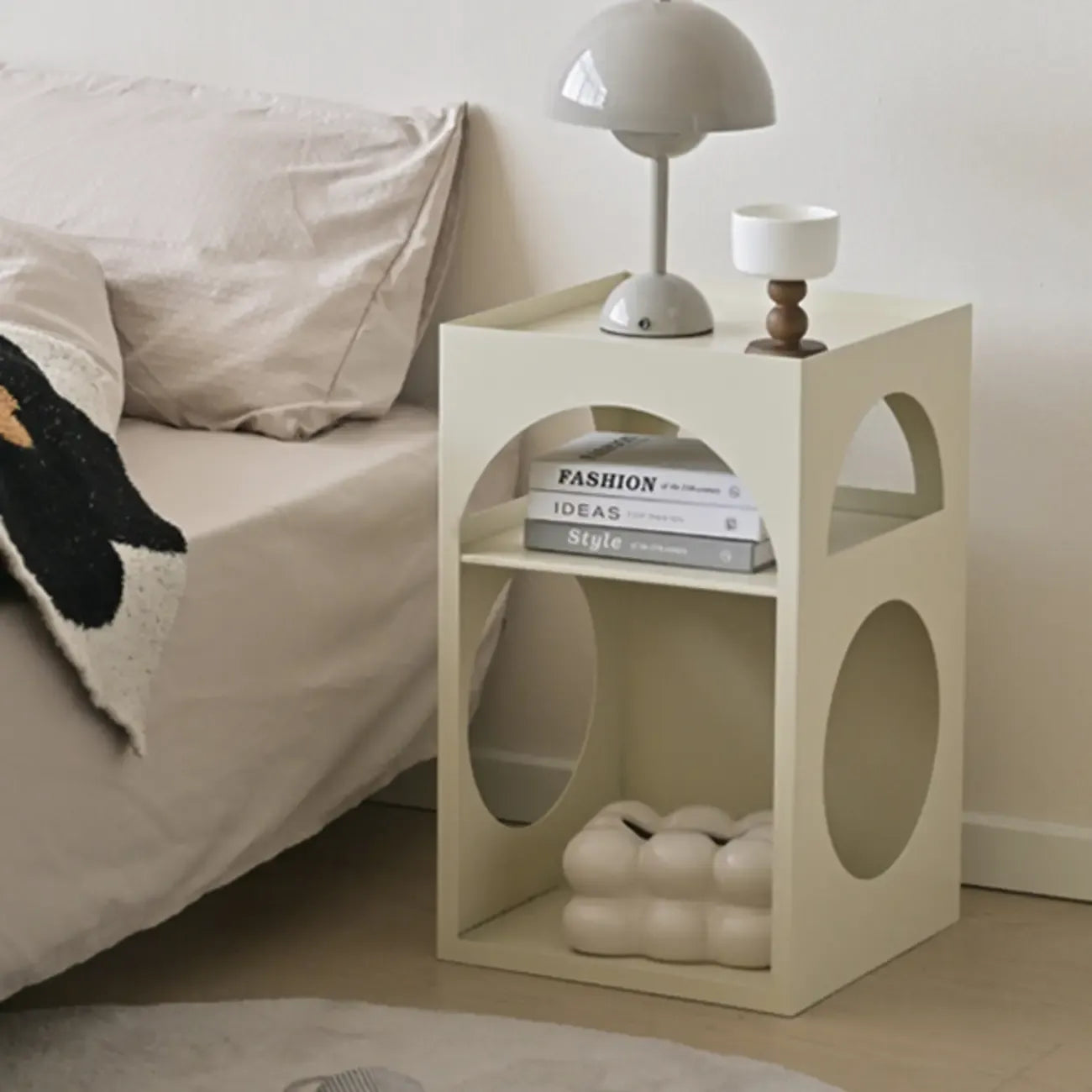 Narrow Cream Yellow Metal Arched Open Storage Nightstand
