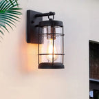 Industrial Outdoor Wall Light Black Metal Cylinder Glass Lantern
