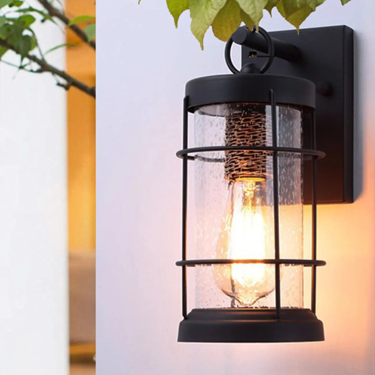 Industrial Outdoor Wall Light Black Metal Cylinder Glass Lantern