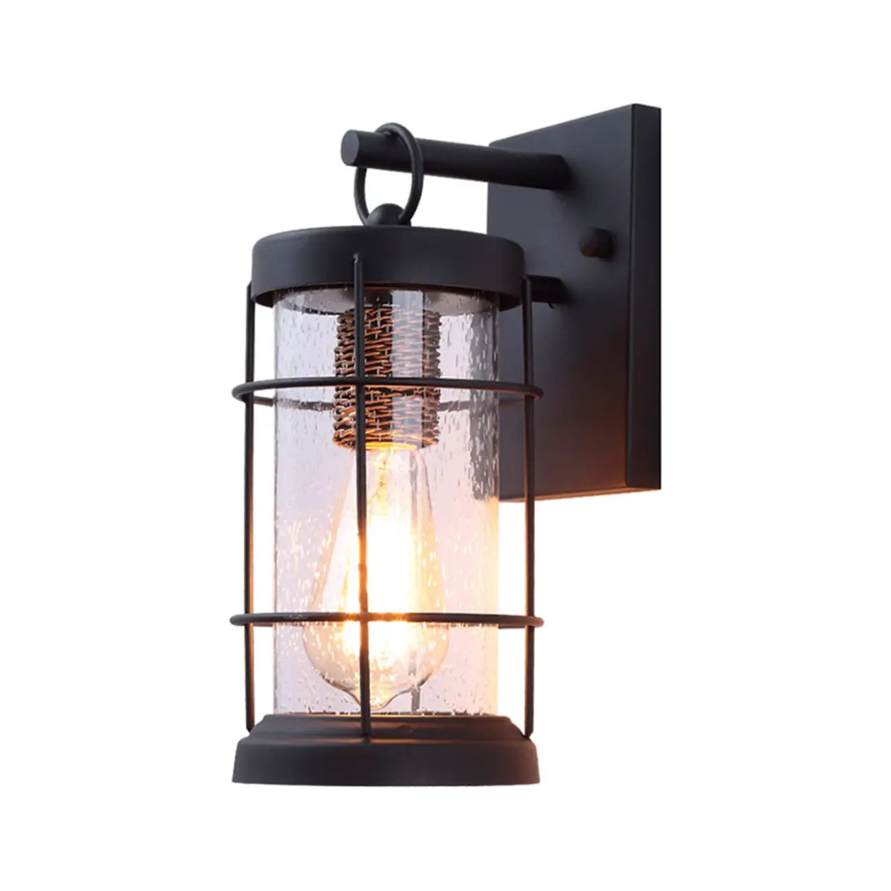 Industrial Outdoor Wall Light Black Metal Cylinder Glass Lantern