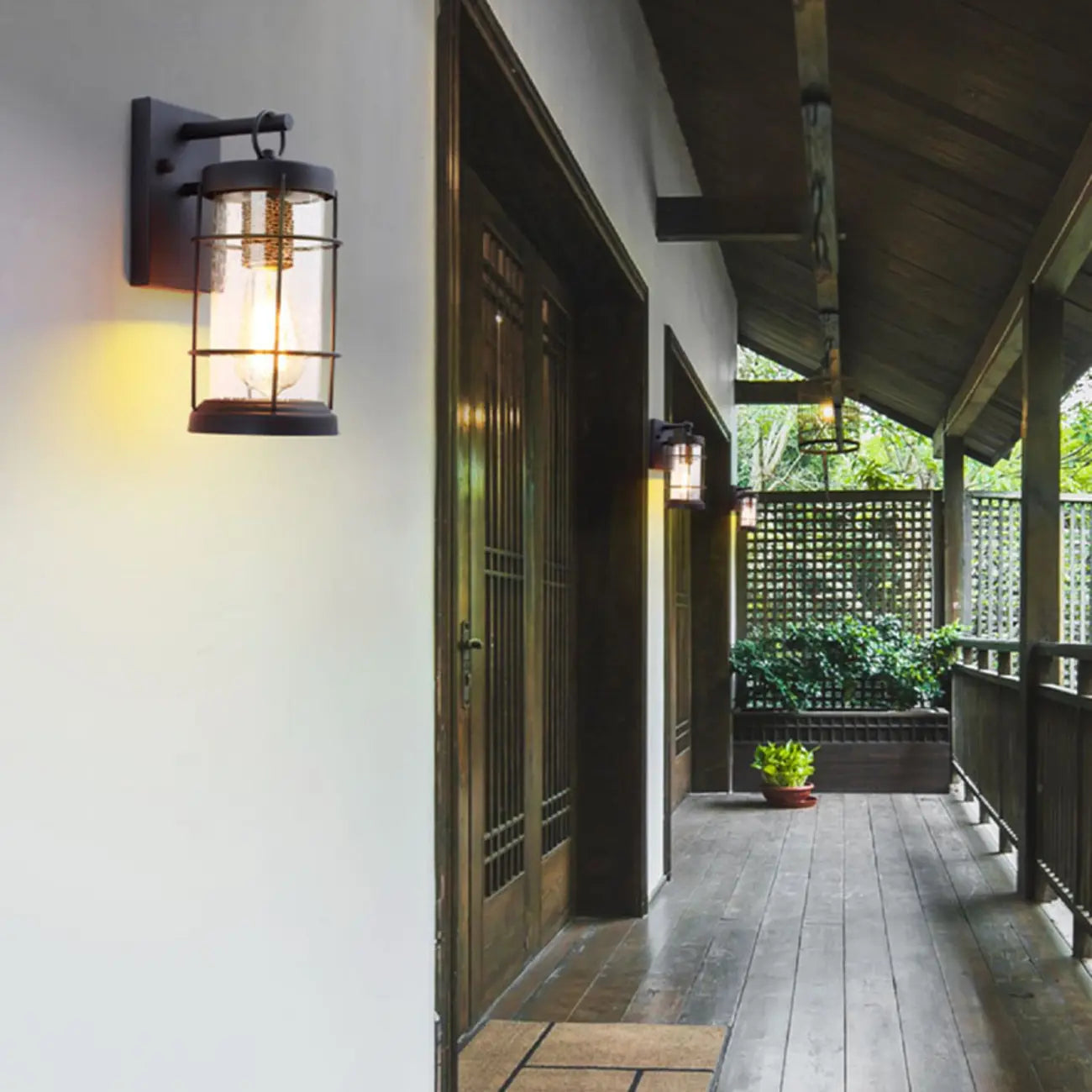 Industrial Outdoor Wall Light Black Metal Cylinder Glass Lantern