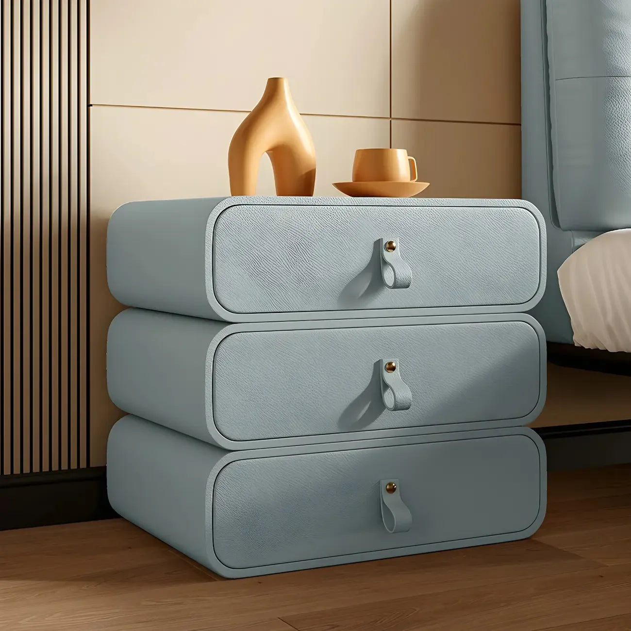 Sleek Solid Color Faux Leather Three-Tiers Drawers Nightstand