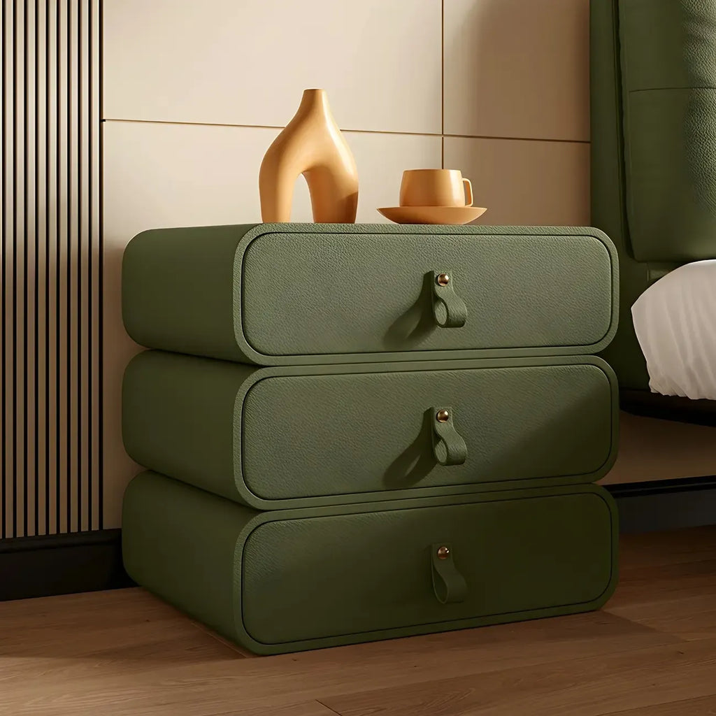 Sleek Solid Color Faux Leather Three-Tiers Drawers Nightstand