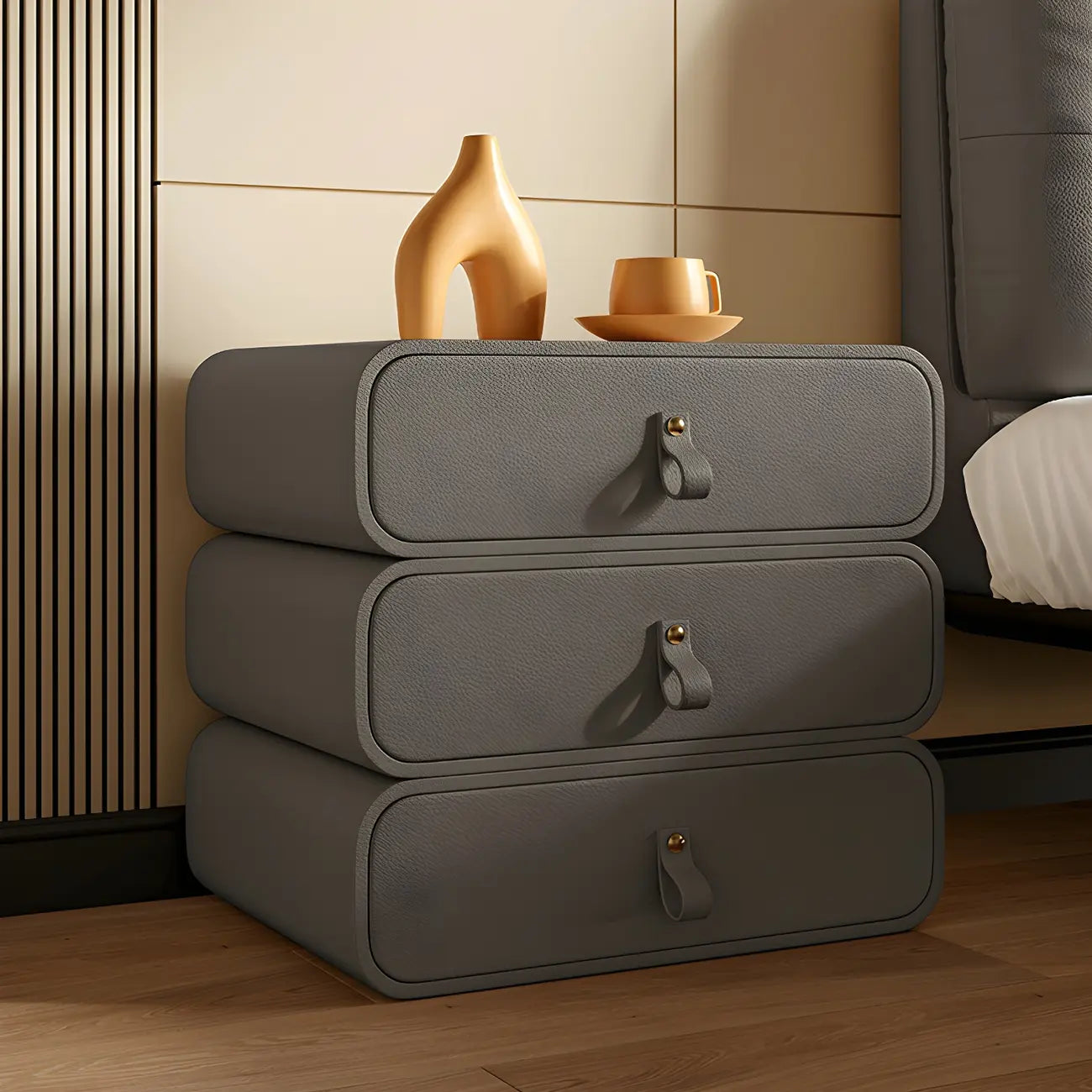 Sleek Solid Color Faux Leather Three-Tiers Drawers Nightstand