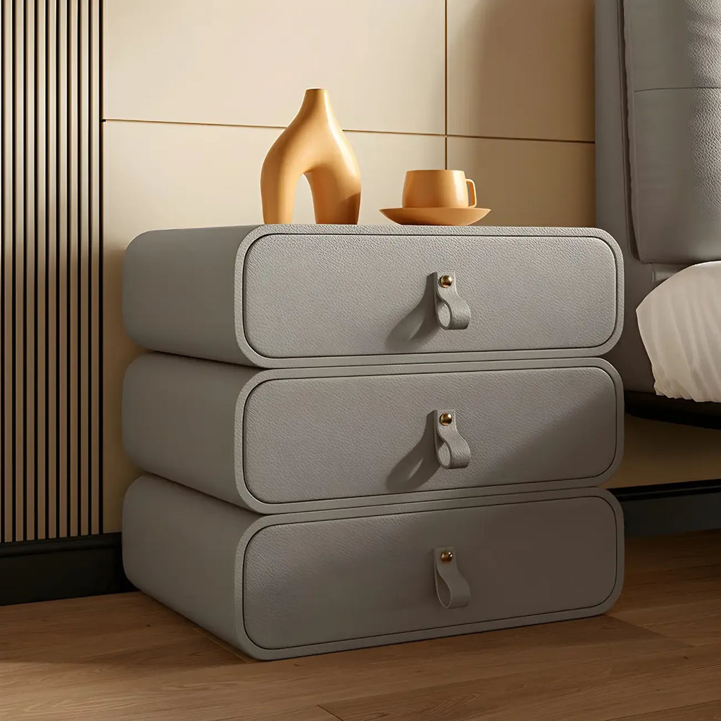 Sleek Solid Color Faux Leather Three-Tiers Drawers Nightstand