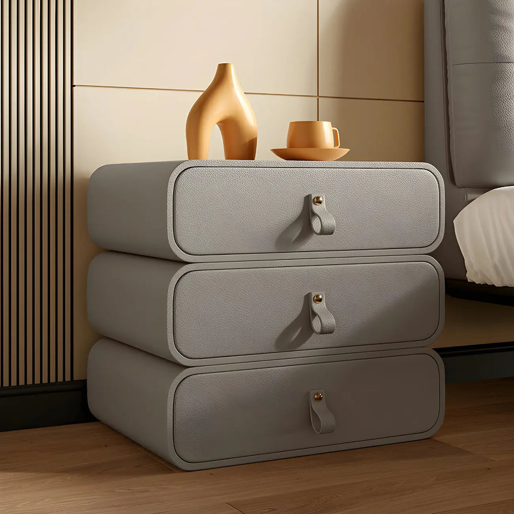Sleek Solid Color Faux Leather Three-Tiers Drawers Nightstand