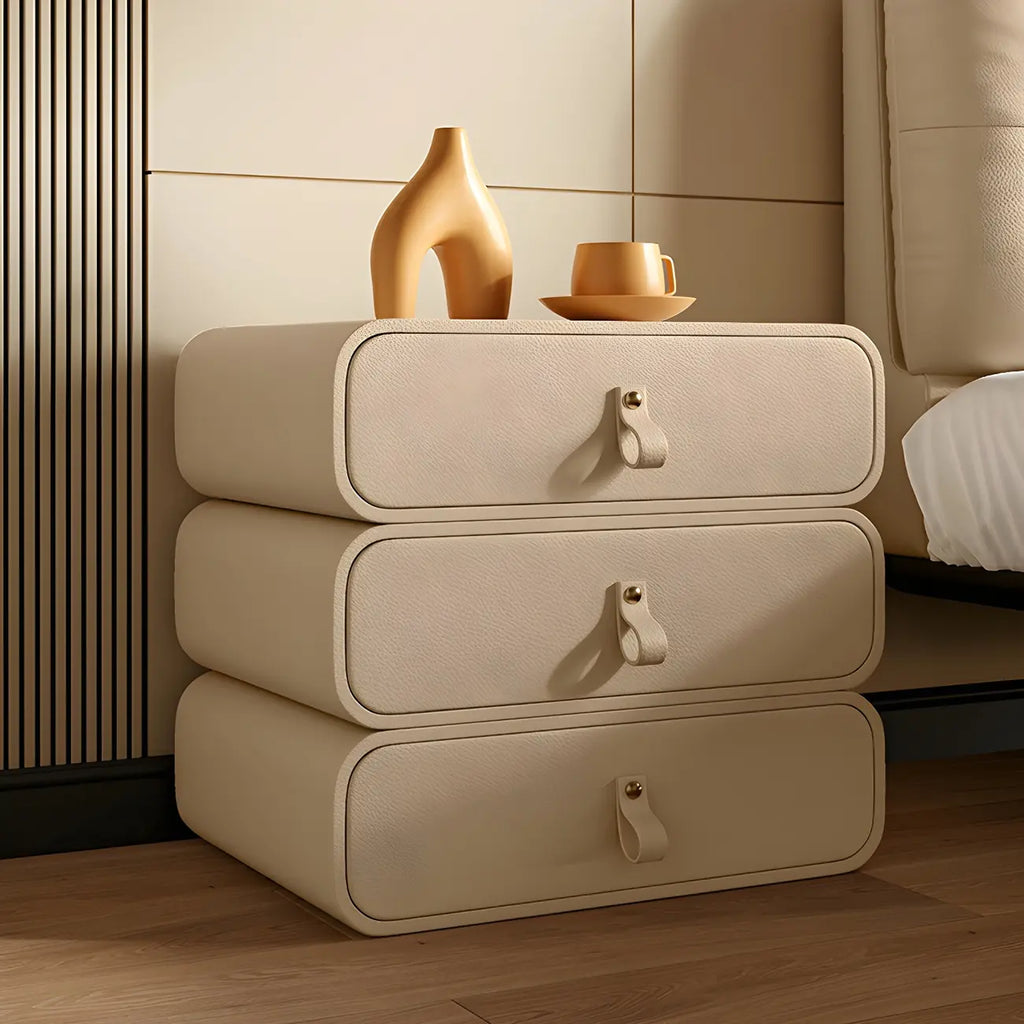 Sleek Solid Color Faux Leather Three-Tiers Drawers Nightstand