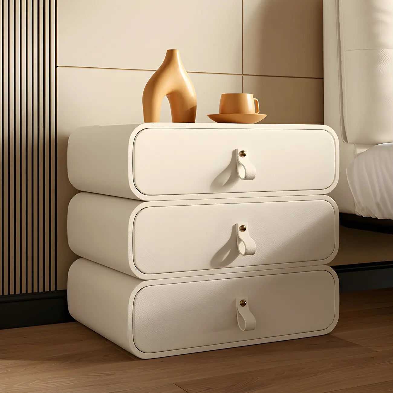 Sleek Solid Color Faux Leather Three-Tiers Drawers Nightstand