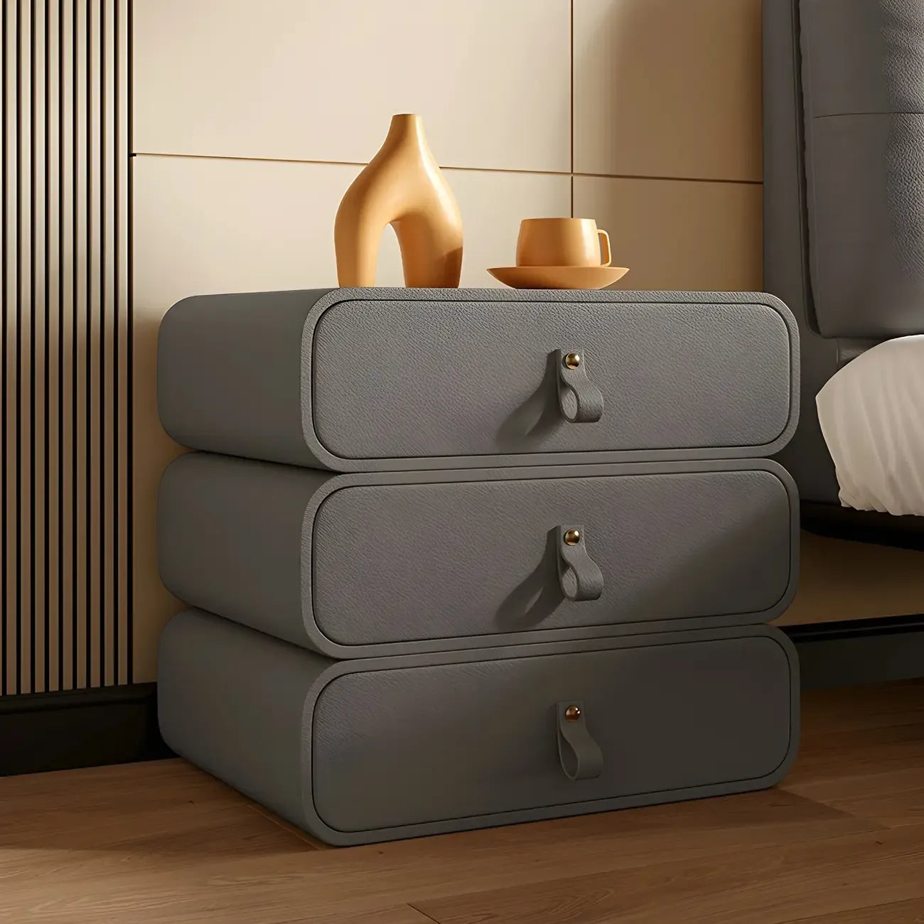 Sleek Solid Color Faux Leather Three-Tiers Drawers Nightstand