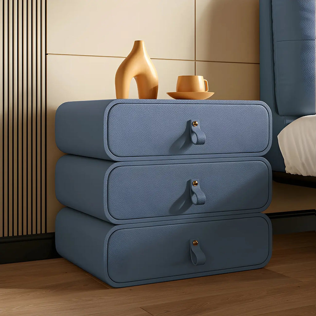 Sleek Solid Color Faux Leather Three-Tiers Drawers Nightstand