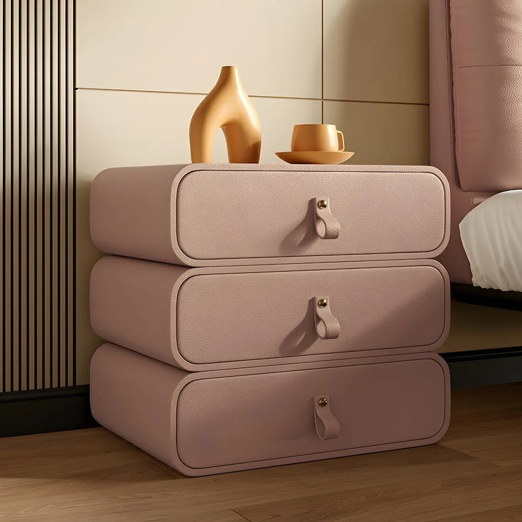 Sleek Solid Color Faux Leather Three-Tiers Drawers Nightstand