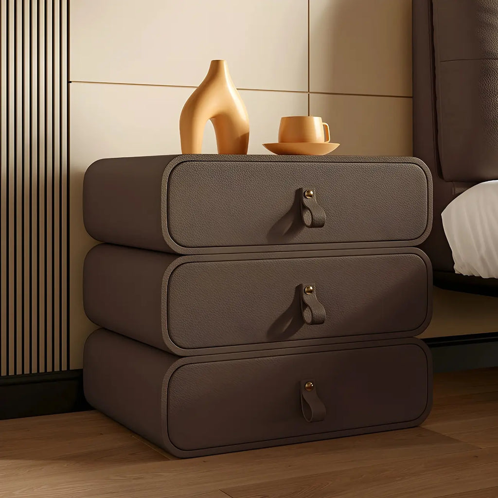 Sleek Solid Color Faux Leather Three-Tiers Drawers Nightstand