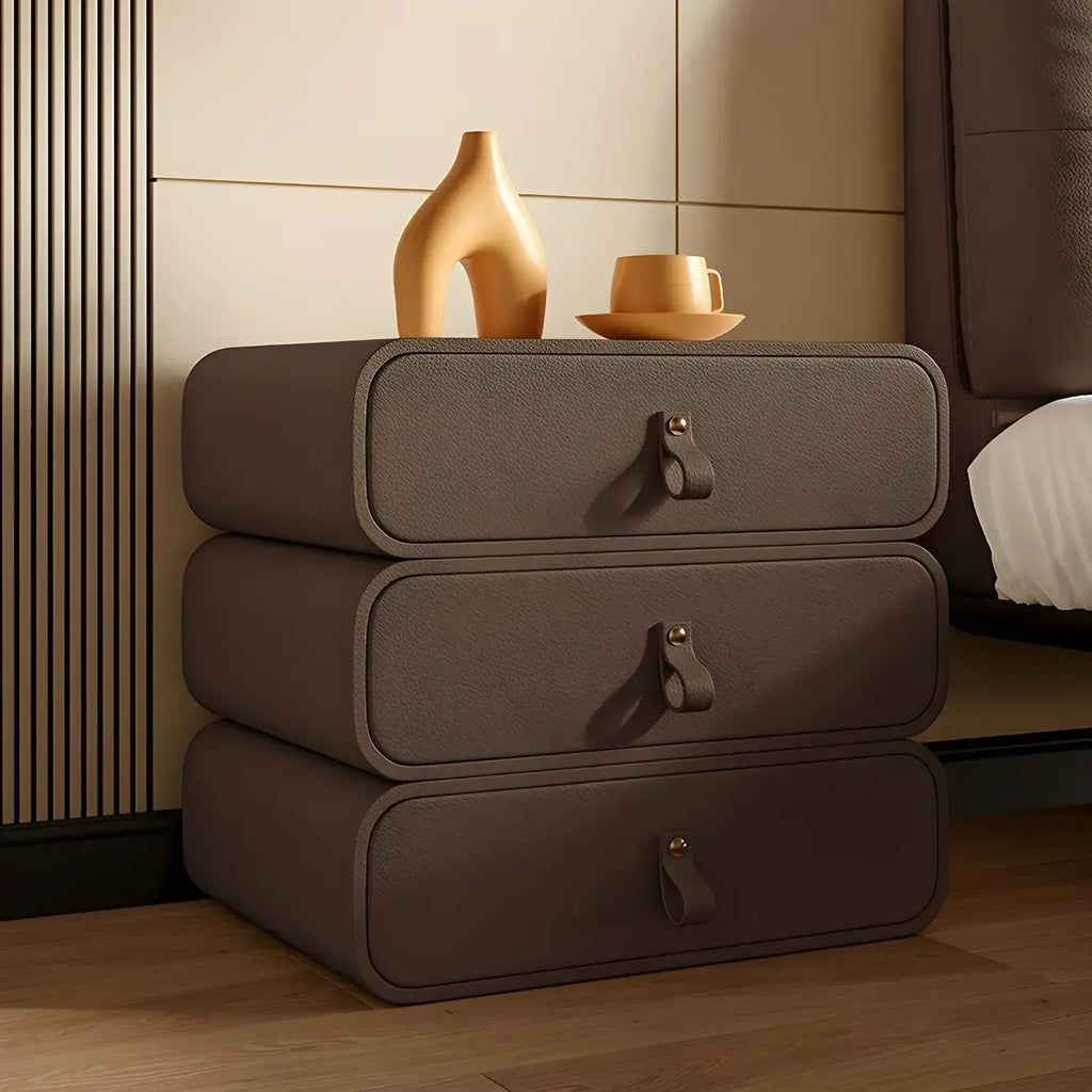 Sleek Solid Color Faux Leather Three-Tiers Drawers Nightstand