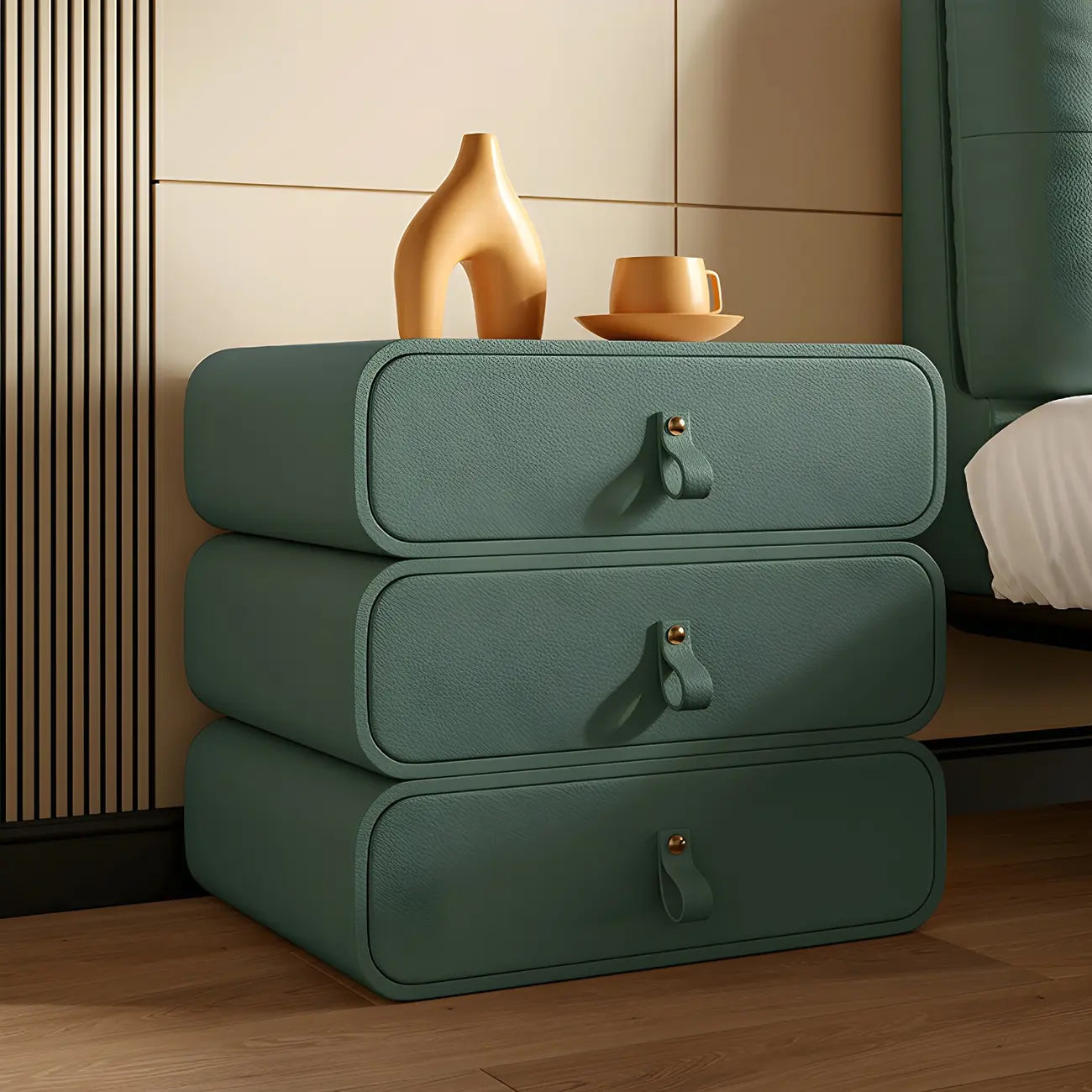 Sleek Solid Color Faux Leather Three-Tiers Drawers Nightstand