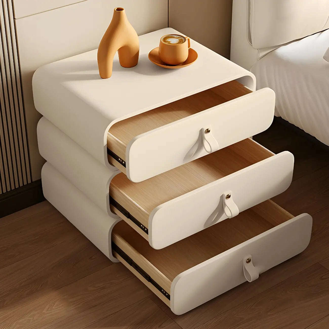 Sleek Solid Color Faux Leather Three-Tiers Drawers Nightstand