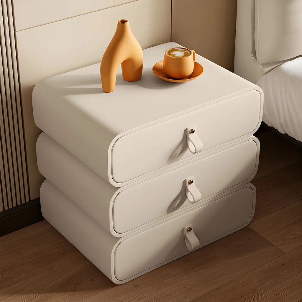 Sleek Solid Color Faux Leather Three-Tiers Drawers Nightstand