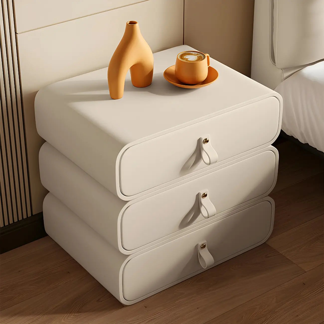 Sleek Solid Color Faux Leather Three-Tiers Drawers Nightstand