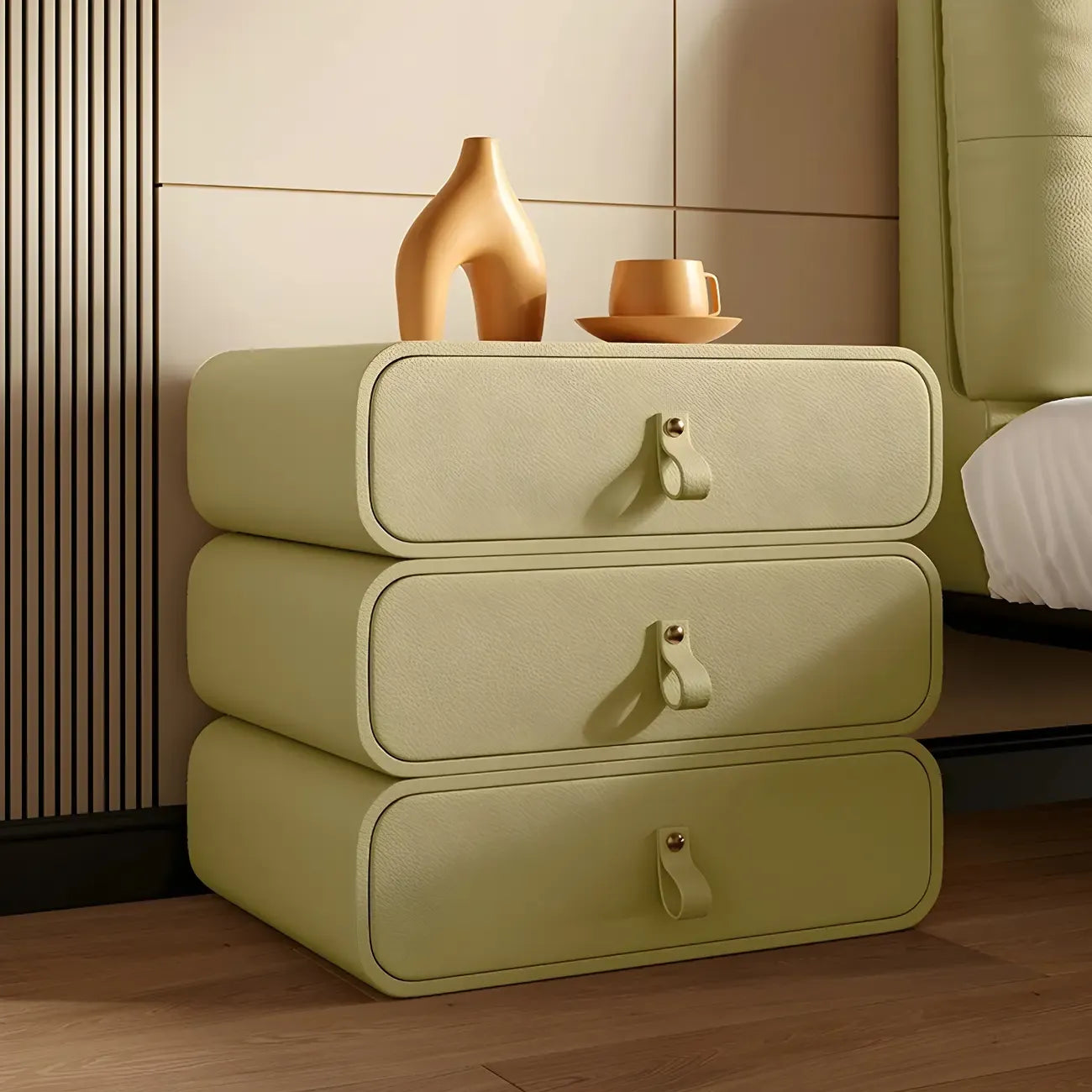 Sleek Solid Color Faux Leather Three-Tiers Drawers Nightstand