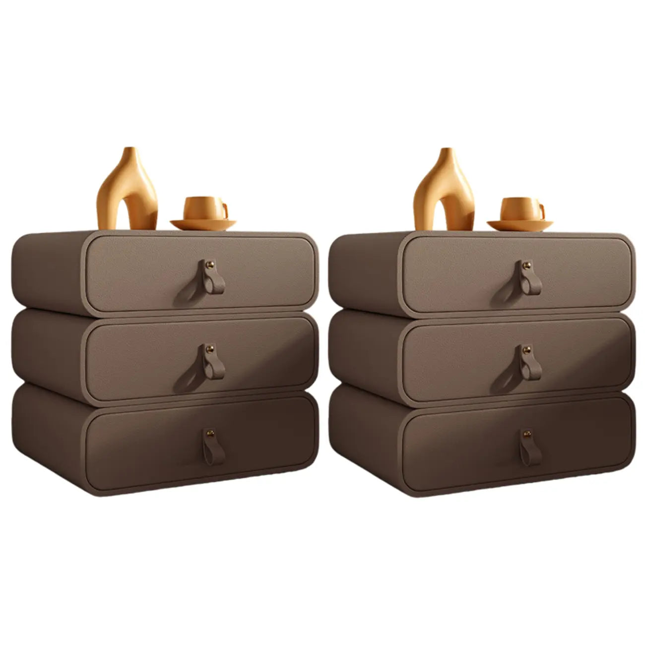 Sleek Solid Color Faux Leather Three-Tiers Drawers Nightstand