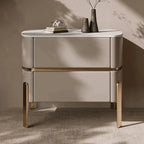 Glam Beige Leather Stone Top 2-Drawer Nightstand