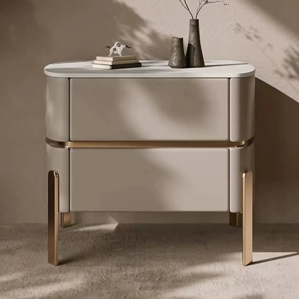 Glam Beige Leather Stone Top 2-Drawer Nightstand