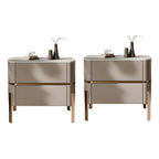 Glam Beige Leather Stone Top 2-Drawer Nightstand