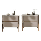 Glam Beige Leather Stone Top 2-Drawer Nightstand
