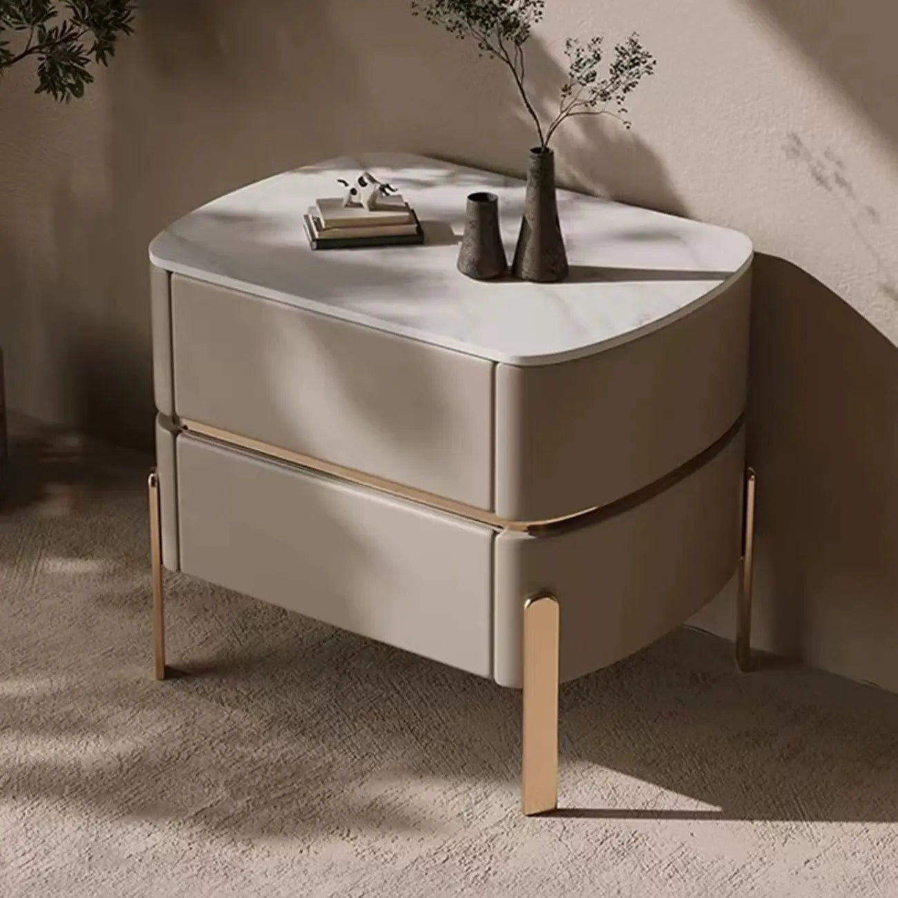 Glam Beige Leather Stone Top 2-Drawer Nightstand