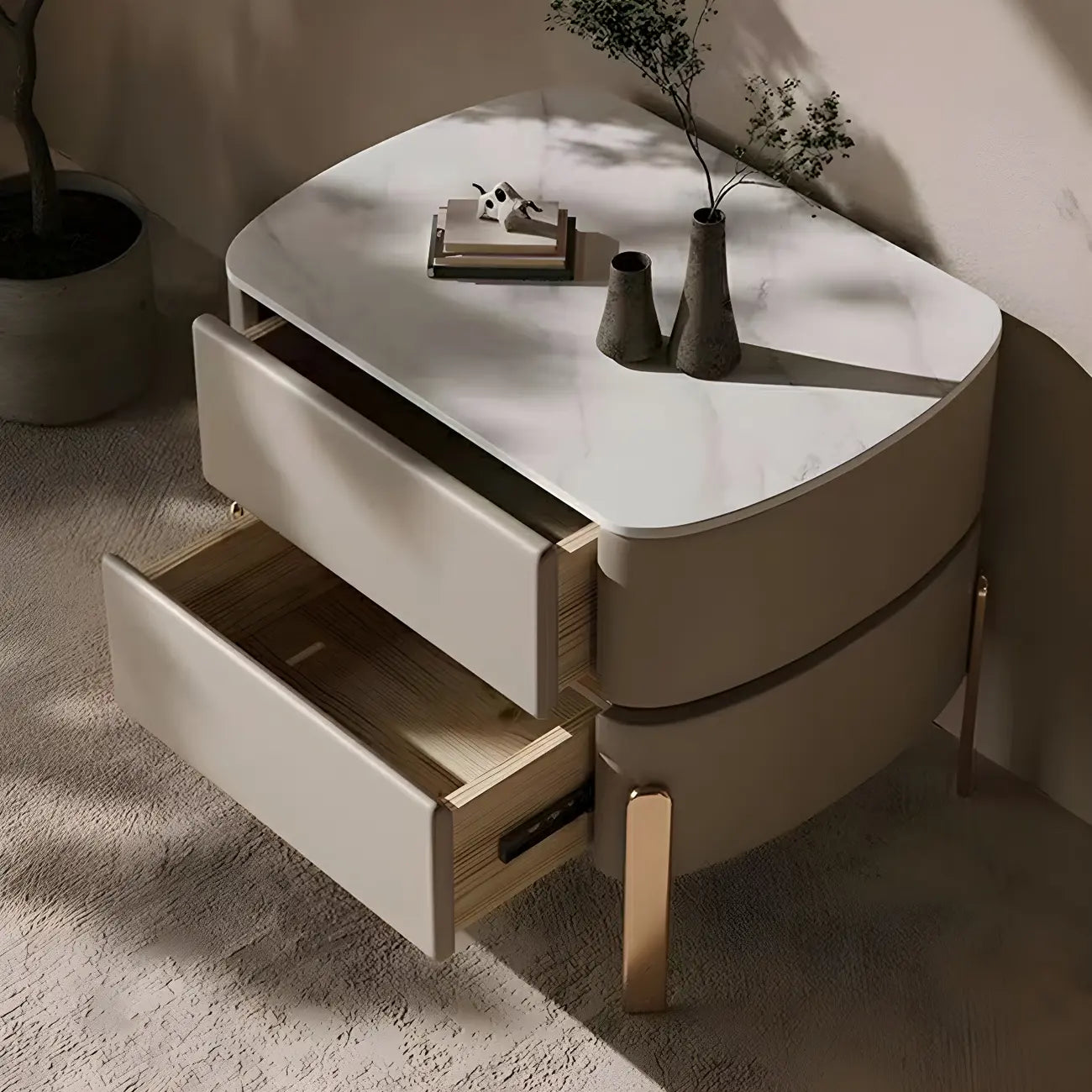 Glam Beige Leather Stone Top 2-Drawer Nightstand