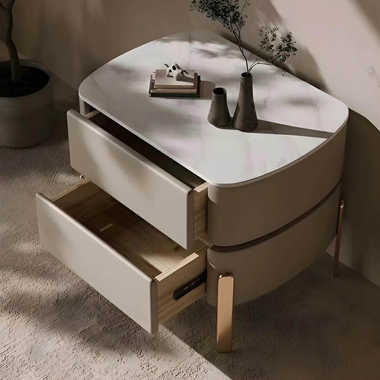 Glam Beige Leather Stone Top 2-Drawer Nightstand
