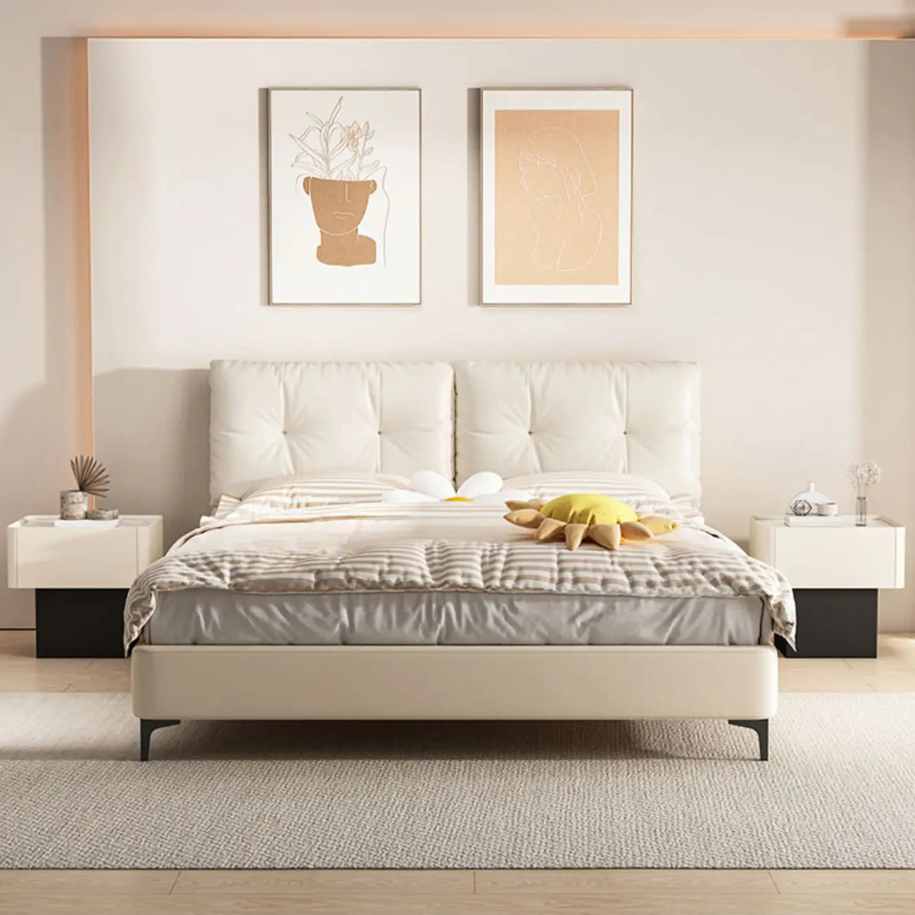 Modern Faux Leather Drawer Nightstand with Stone Top