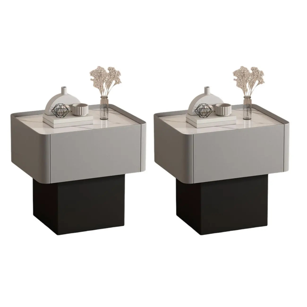 Modern Faux Leather Drawer Nightstand with Stone Top