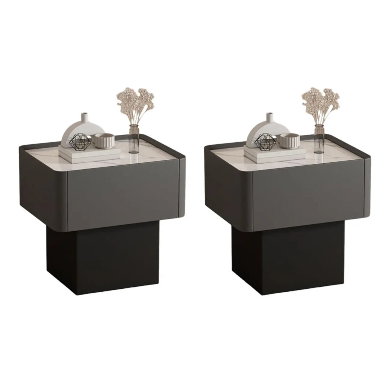 Modern Faux Leather Drawer Nightstand with Stone Top