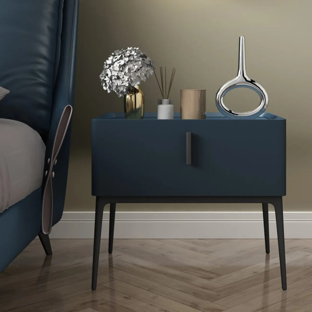 Contemporary Beige Faux Leather 4-Leg Drawer Nightstand