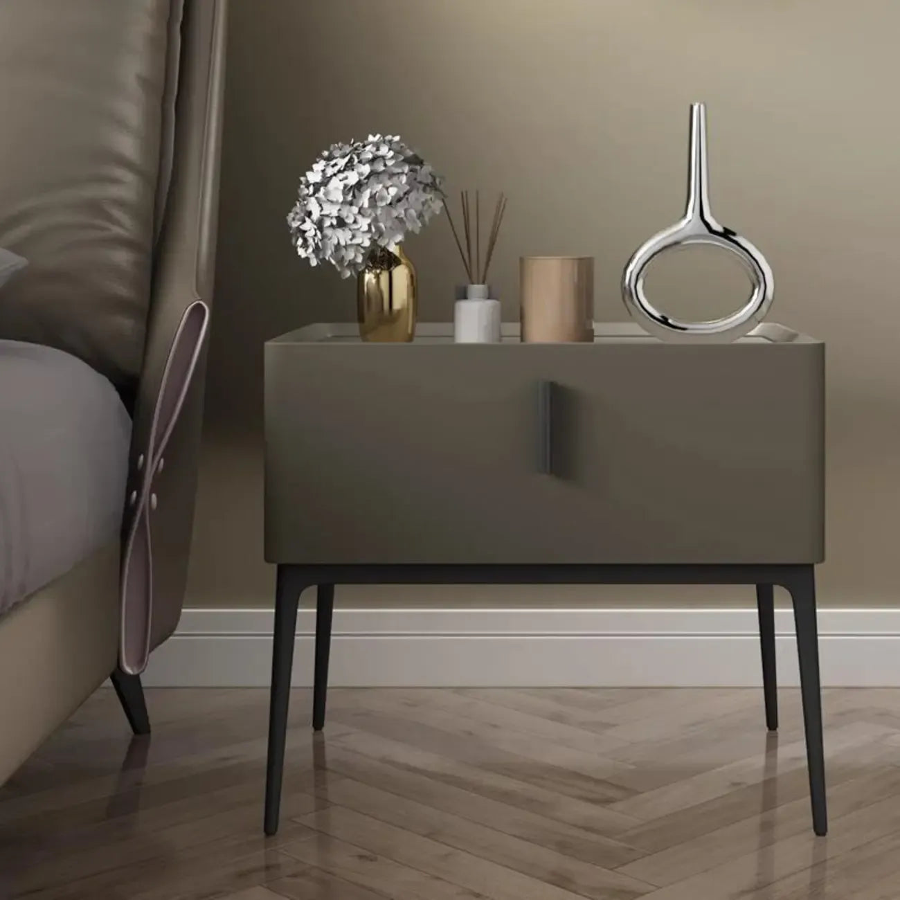 Contemporary Beige Faux Leather 4-Leg Drawer Nightstand