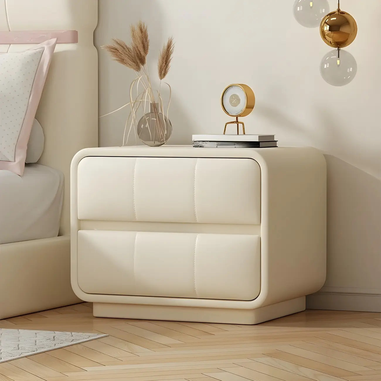 Modern Leather Wood Soft-Line 2 Drawer Nightstand