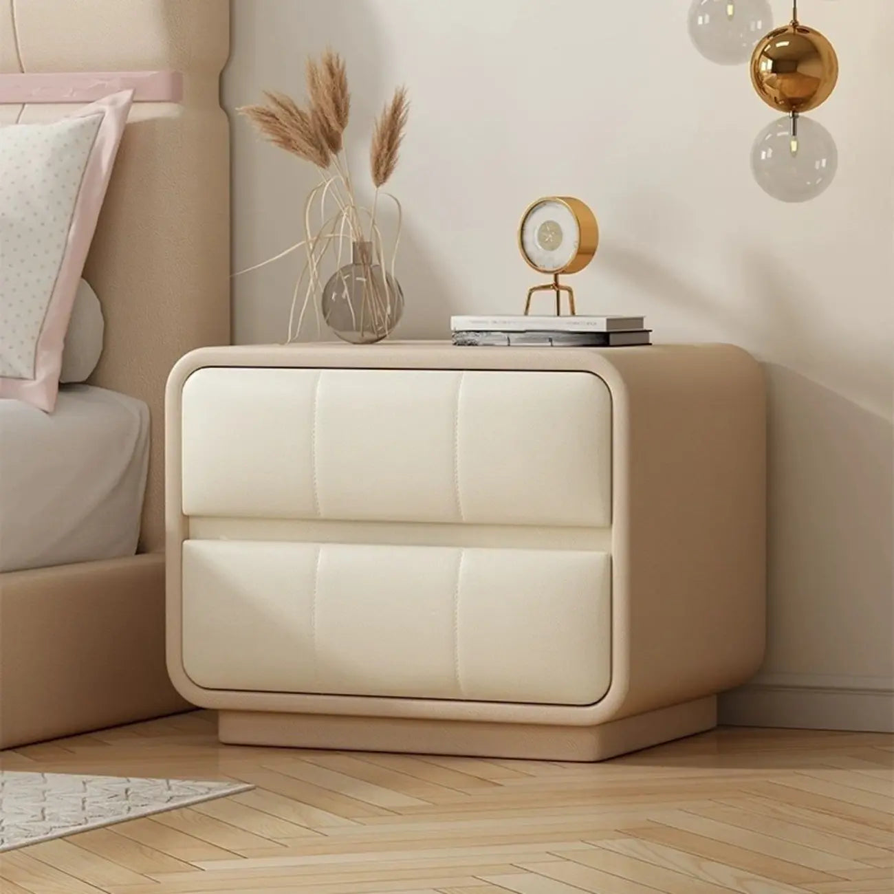 Modern Leather Wood Soft-Line 2 Drawer Nightstand