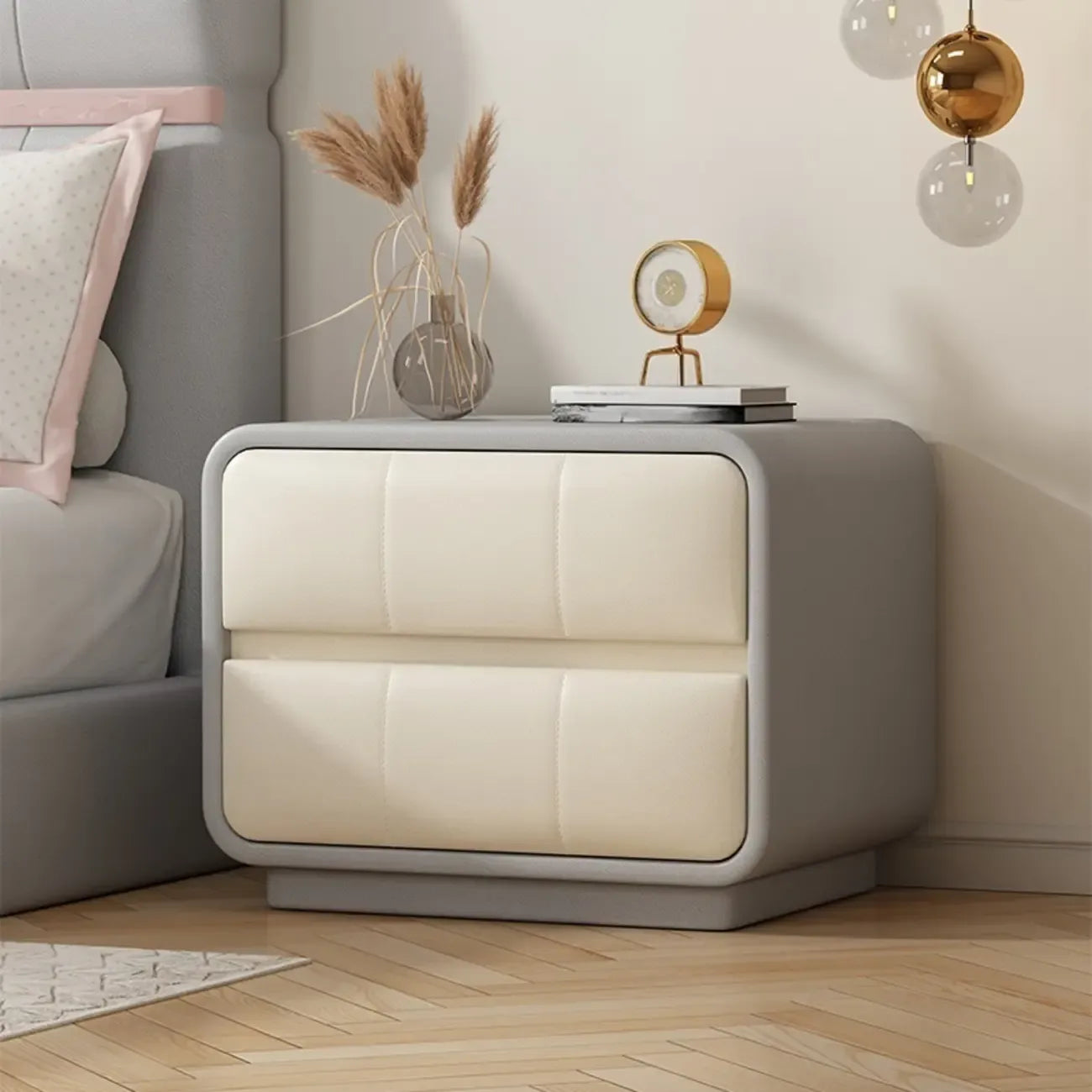 Modern Leather Wood Soft-Line 2 Drawer Nightstand