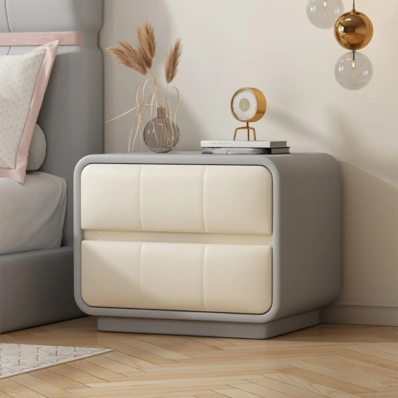 Modern Leather Wood Soft-Line 2 Drawer Nightstand