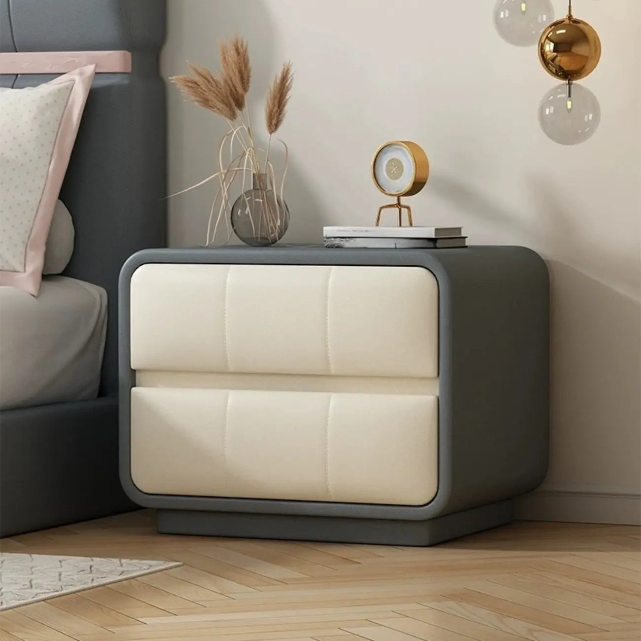 Modern Leather Wood Soft-Line 2 Drawer Nightstand