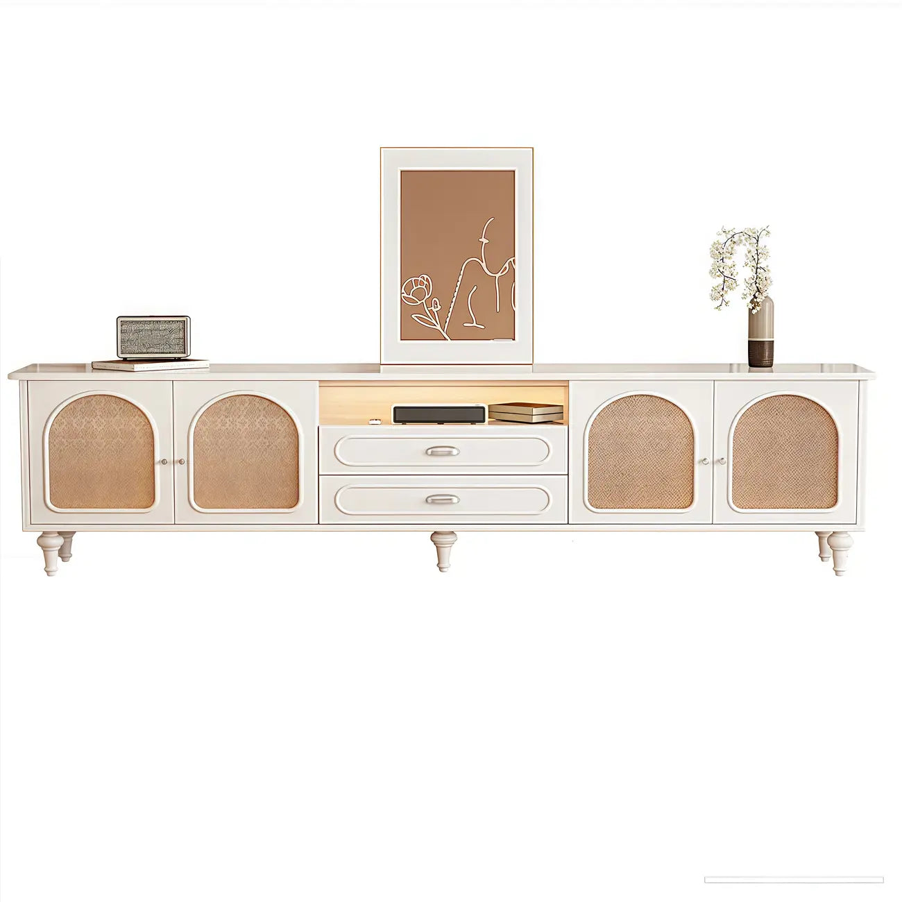 Modern Wood Curved Glass Door Black TV Stand with Light
