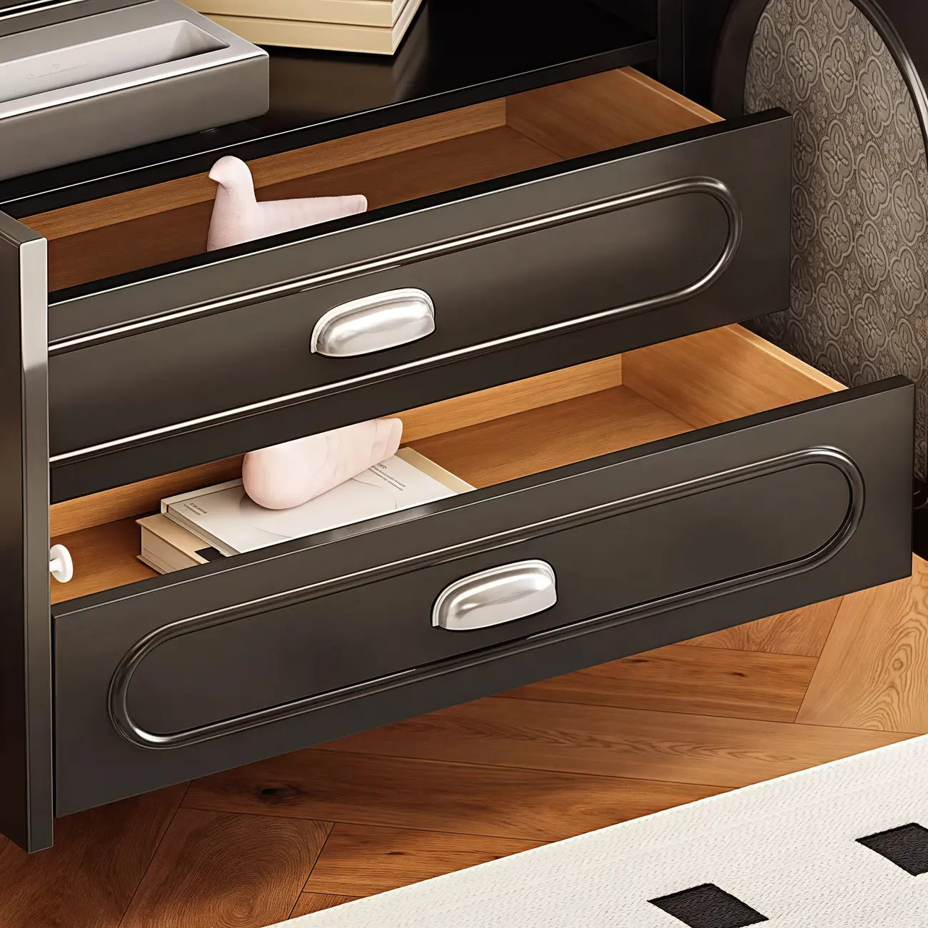 Modern Wood Curved Glass Door Black TV Stand with Light